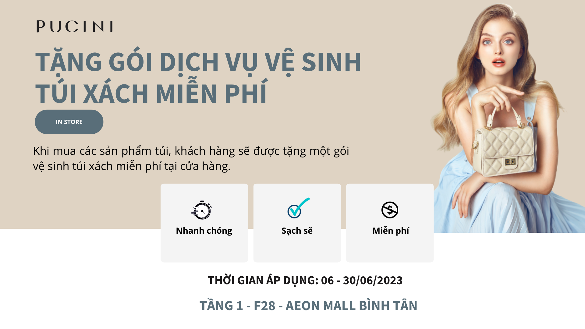 PUCINI TẶNG GÓI DỊCH VỤ VỆ SINH TÚI XÁCH MIỄN PHÍ