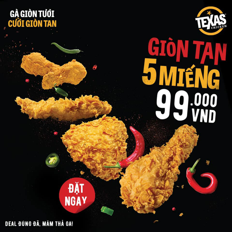 5 Miếng gà giòn Texas chỉ 99k – Combo cực hời cho TEXFAN