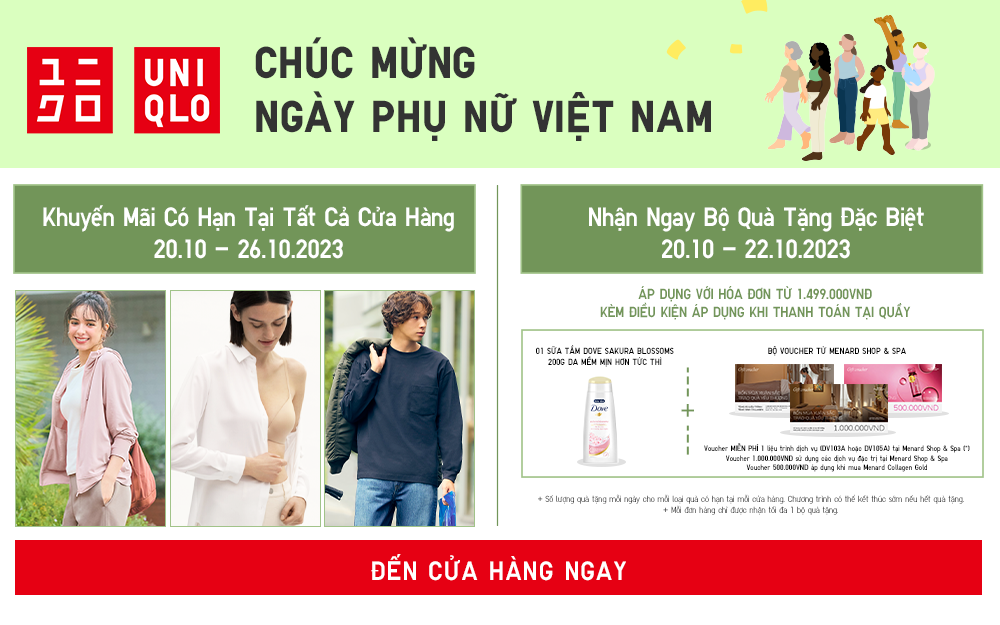 🎉 MỪNG NGÀY PHỤ NỮ VIỆT NAM – KHUYẾN MÃI CÓ HẠN HẤP DẪN TỪ 20.10 – 26. 10 TẠI TẤT CẢ CỬA HÀNG UNIQLO