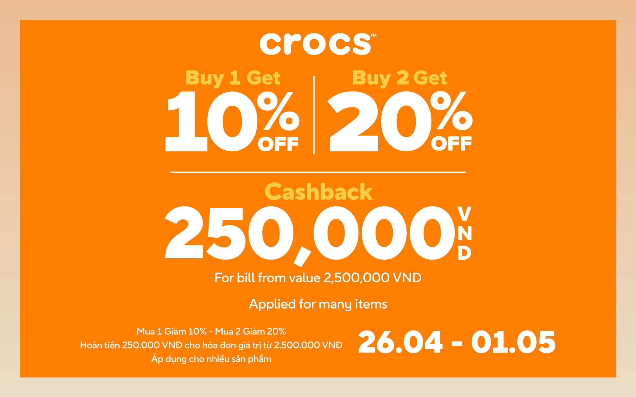 ƯU ĐÃI LỄ LỚN | CROCS GIẢM ĐẾN 20%, HOÀN TIỀN THÊM 250K